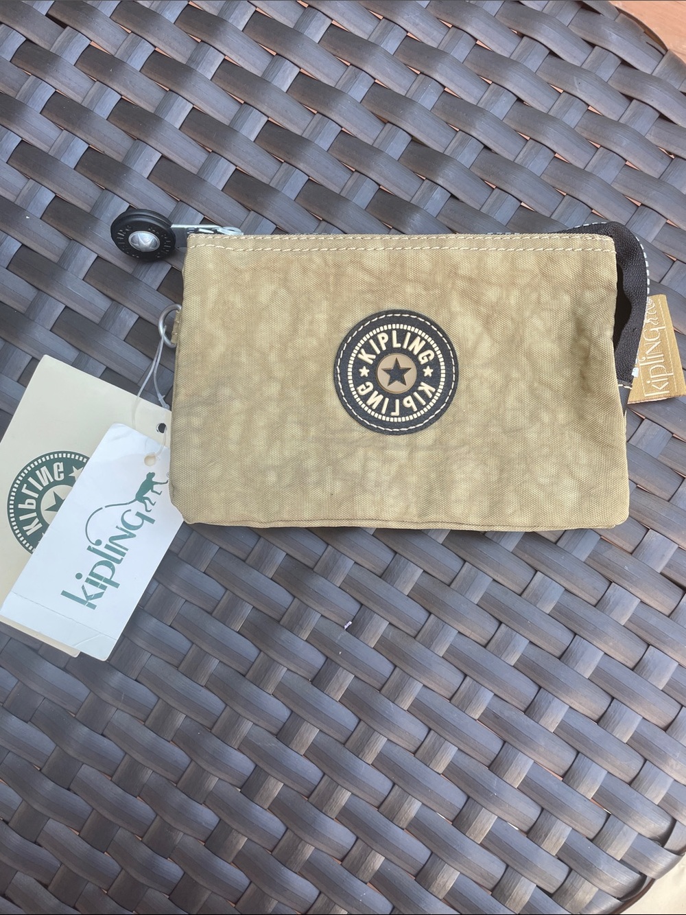 NWT- Kipling Metallic Gold Beige Zip Wristlet Pouch